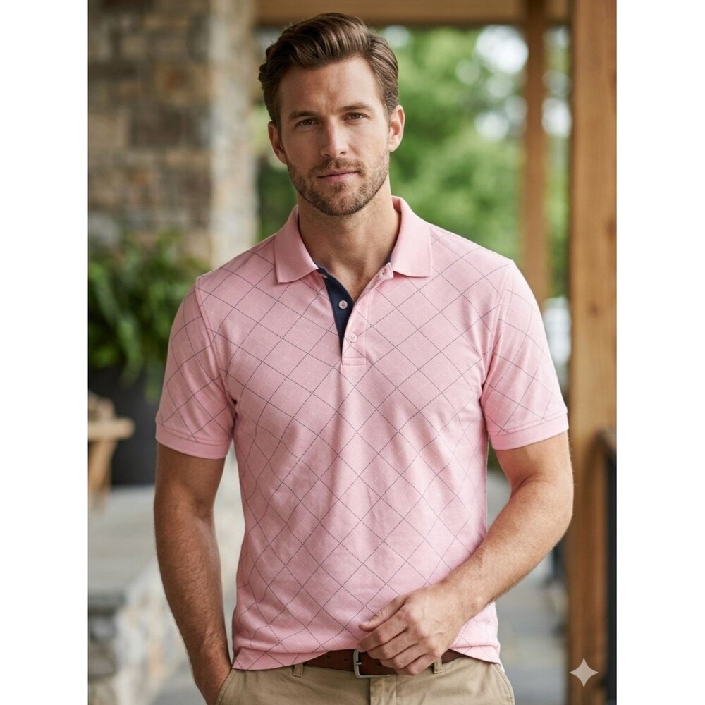 IZOD Men's Large Pink Diamond Grid Polo Shirt Cotton Short Sleeve Geometric